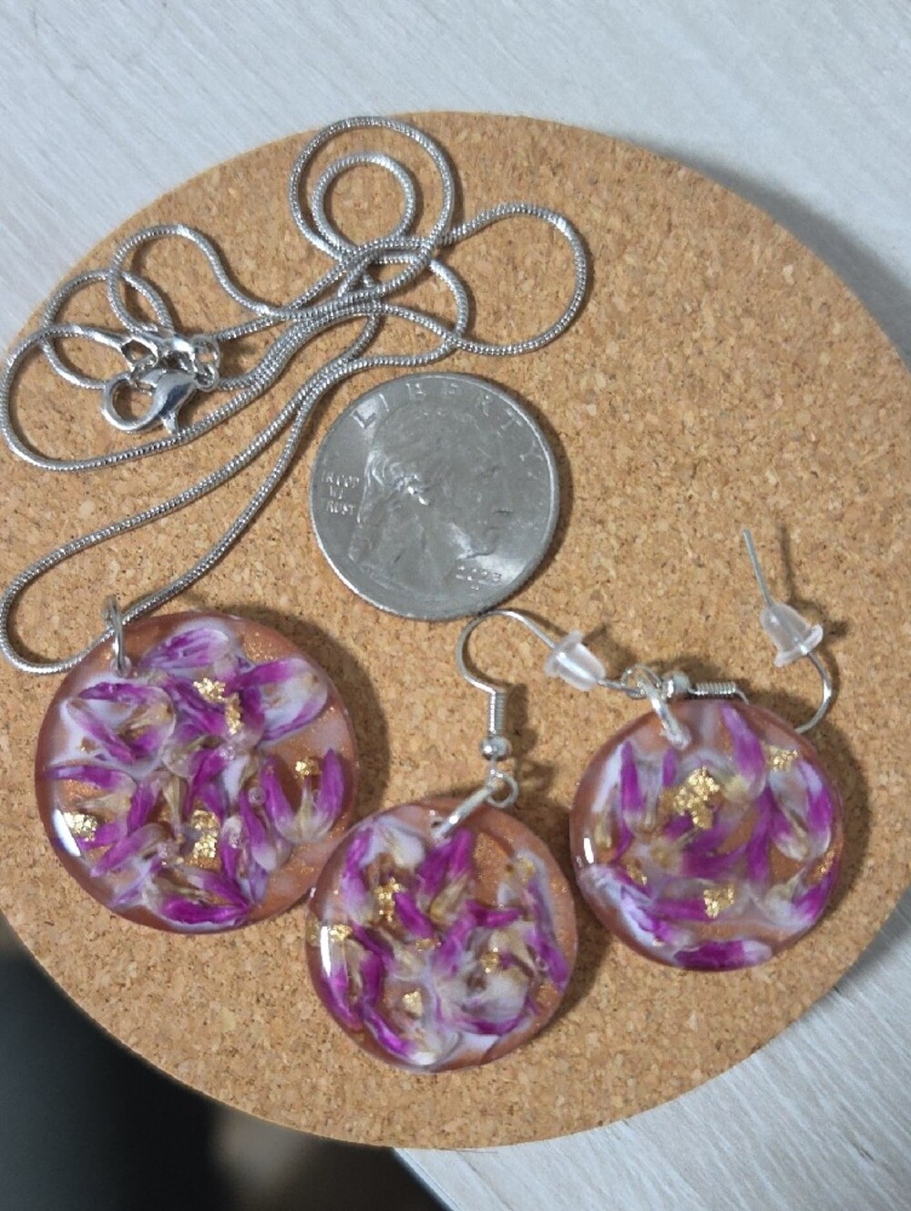 Handmade Purple Flower Resin Necklace & Earring Set - Picture 2 of 3